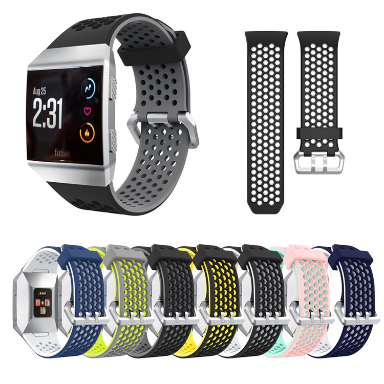 Two-tone Silicone Hollow Watch Band Replacement for Fitbit Ionic - Grey + Green-6