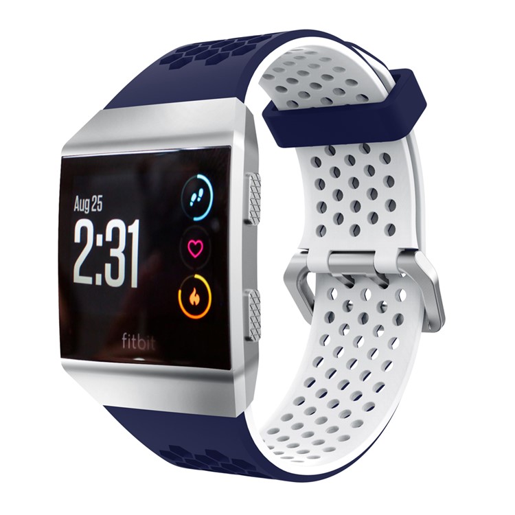 Two-tone Soft Silicone Hollow Watch Band Strap for Fitbit Ionic - Midnight Blue + White-3