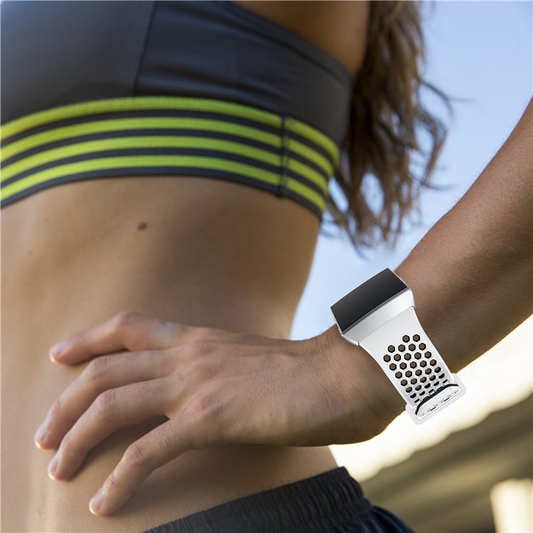 Two-tone Soft Silicone Hollow Watch Strap for Fitbit Ionic - White + Black-5