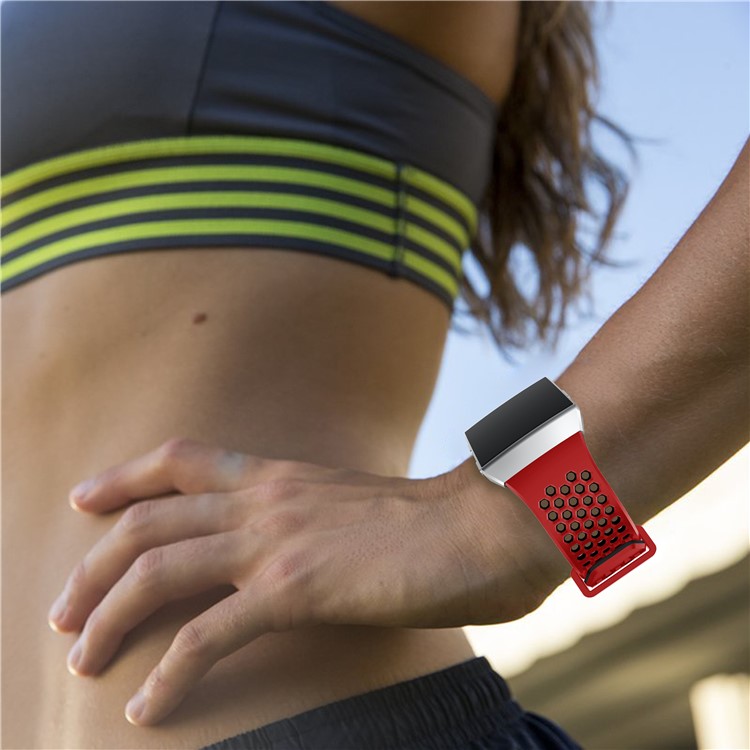 Two-tone Soft Flexible Silicone Hollow Watch Strap for Fitbit Ionic - Red + Black-5