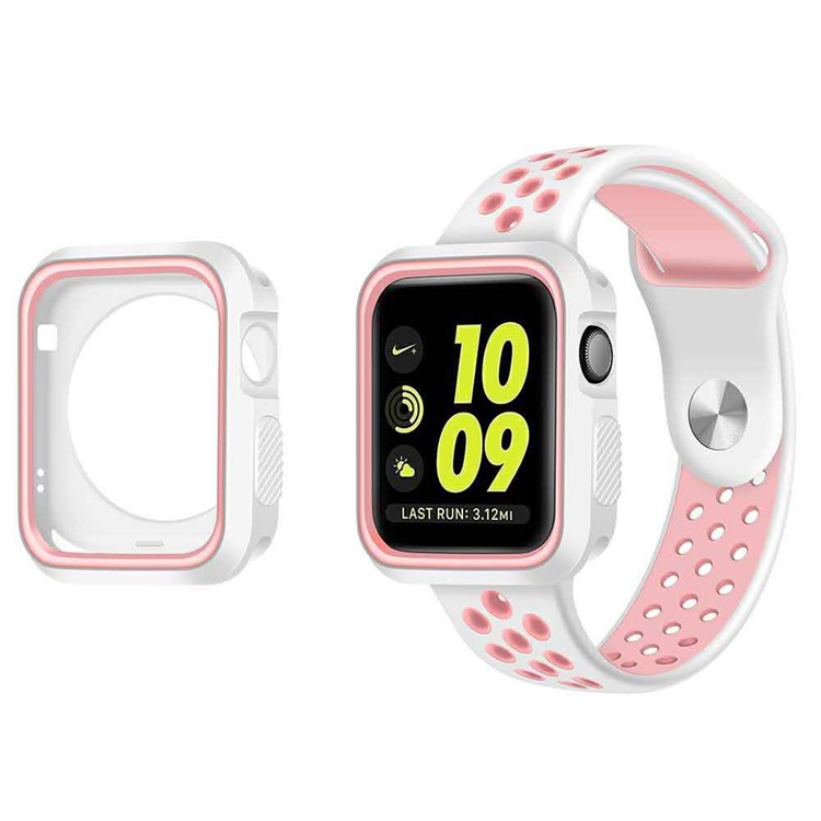 Double Colors Soft Silicone Watch Case Protector for Apple Watch Series 3/2/1 38mm - White + Pink-2