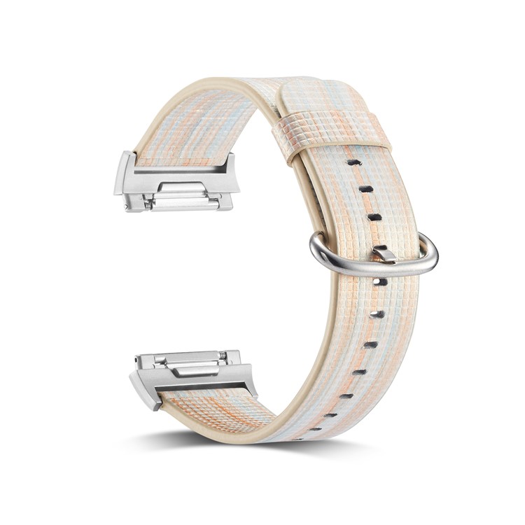 Contrast Color Stripes Genuine Leather Watchband for Fitbit Ionic - Style C-1