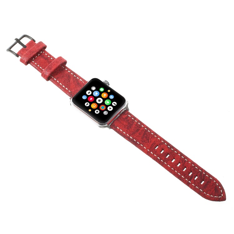 For Apple Watch Series 4 44mm / Series 3/2/1 42mm Vintage Matte Genuine Leather Watch Bands - Red-3