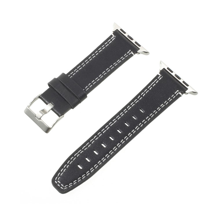 For Apple Watch Series 4 40mm / Series 3 / 2 / 1 38mm Double Stitches Genuine Leather Watch Band Strap - Black-1