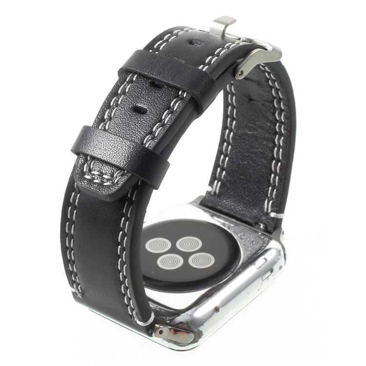 For Apple Watch Series 4 40mm / Series 3 / 2 / 1 38mm Double Stitches Genuine Leather Watch Band Strap - Black-7