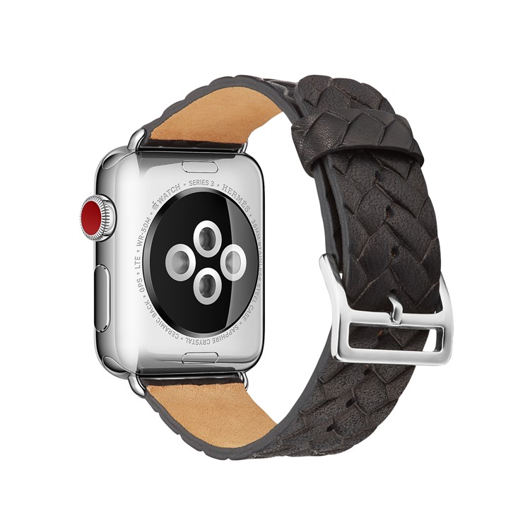 Top Layer Cowhide Leather Imprinted Woven Pattern Watch Strap Replacement for Apple Watch Series 4 40mm, Series 3 / 2 / 1 38mm - Black-1