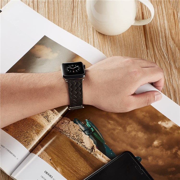 Top Layer Cowhide Leather Imprinted Woven Pattern Watch Strap Replacement for Apple Watch Series 4 40mm, Series 3 / 2 / 1 38mm - Black-3