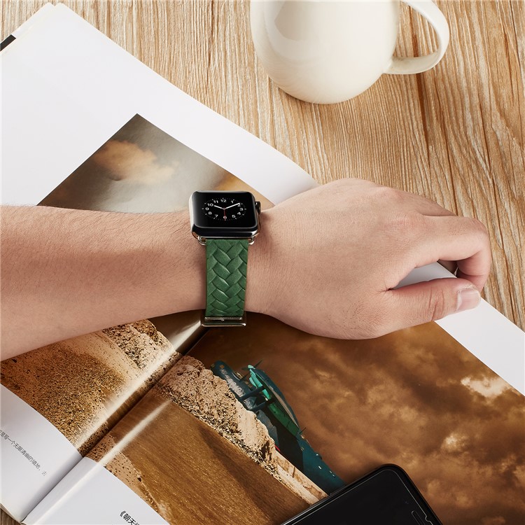 Stylish Imprinted Woven Pattern Top Layer Cowhide Leather Watch Strap for Apple Watch Series 4 40mm, Series 3 / 2 / 1 38mm - Green-3
