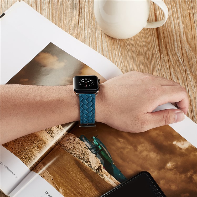 Trendy Top Layer Cowhide Leather Imprinted Woven Pattern Watch Band Replacement for Apple Watch Series 4 40mm, Series 3 / 2 / 1 38mm - Blue-3