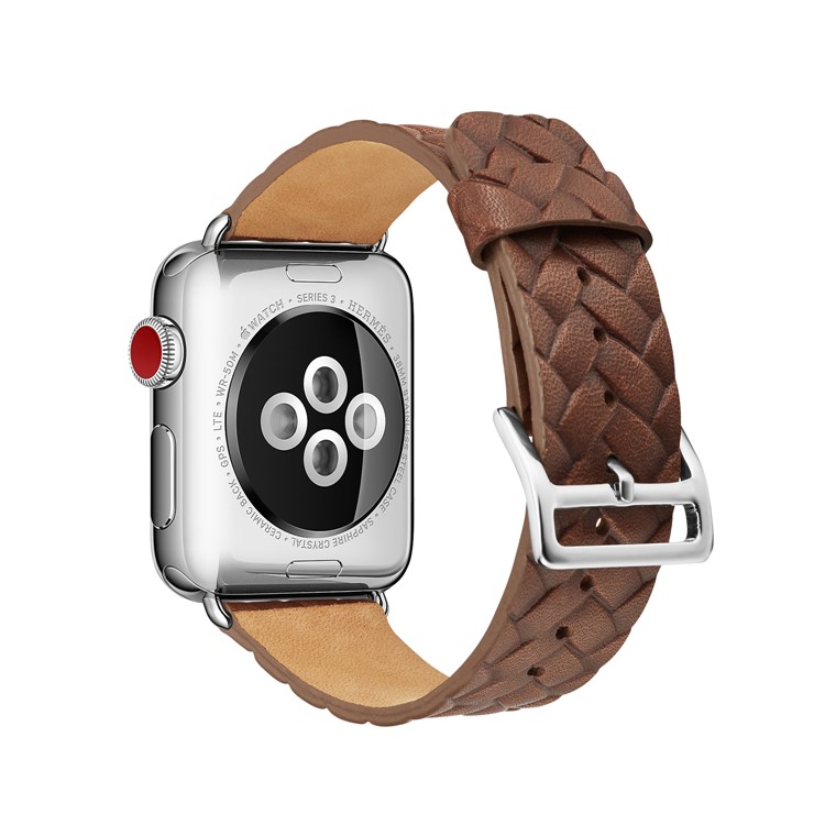 Top Layer Cowhide Leather Imprinted Woven Pattern Wrist Watch Band for Apple Watch Series 4 40mm, Series 3 / 2 / 1 38mm - Brown-1