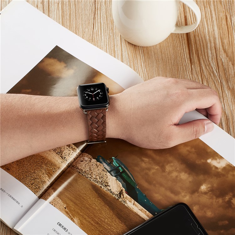 Top Layer Cowhide Leather Imprinted Woven Pattern Wrist Watch Band for Apple Watch Series 4 40mm, Series 3 / 2 / 1 38mm - Brown-3