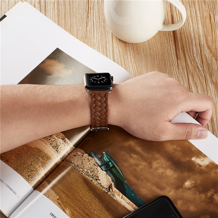 Popular Imprinted Woven Pattern Top Layer Cowhide Leather Wrist Watchband Strap for Apple Watch Series 4 40mm, Series 3 / 2 / 1 38mm - Orange-3