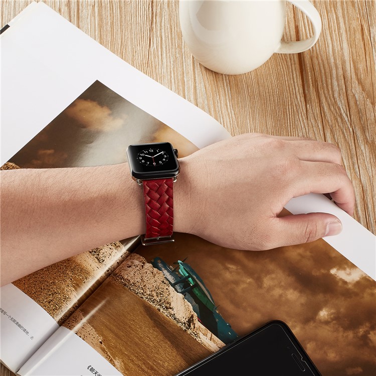 Fashion Imprinted Woven Pattern Top Layer Cowhide Leather Watch Band for Apple Watch Series 4 44mm, Series 3 / 2 / 1 42mm - Red-2