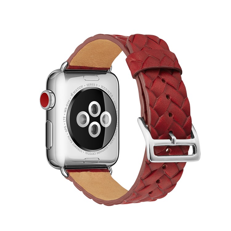 Fashion Imprinted Woven Pattern Top Layer Cowhide Leather Watch Band for Apple Watch Series 4 44mm, Series 3 / 2 / 1 42mm - Red-5