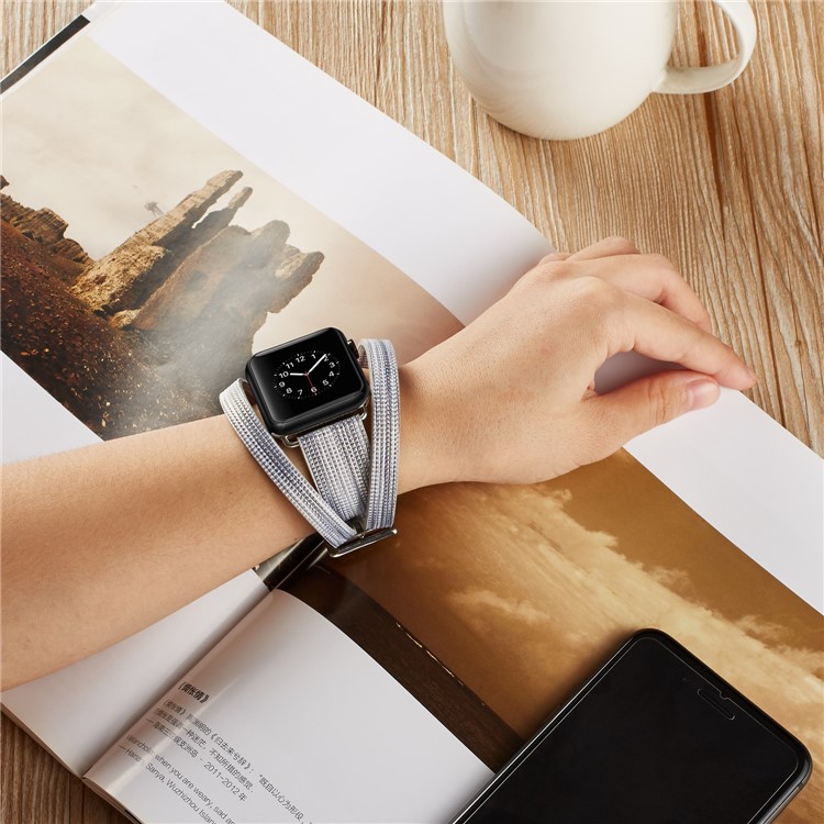 Double Tour Leather Watch Band with Classic Buckle for Apple Watch Series 5 4 40mm / Series 3 / 2 / 1 38mm - Silver Color-4
