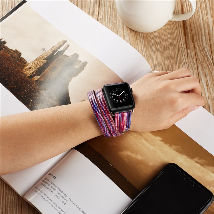 Double Tour Long Leather Watch Strap with Classic Buckle for Apple Watch Series 4 40mm / Series 3 / 2 / 1 38mm - Rose + Blue-4