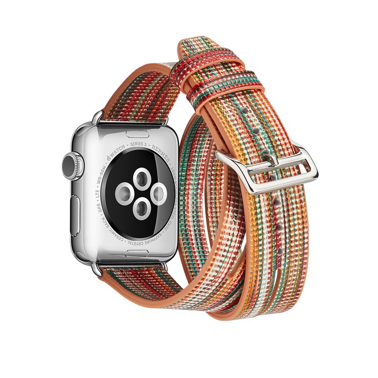 Double Tour Leather Watch Strap with Pin Buckle for Apple Watch Series 4 40mm / Series 3 / 2 / 1 38mm - Green + Yellow-2