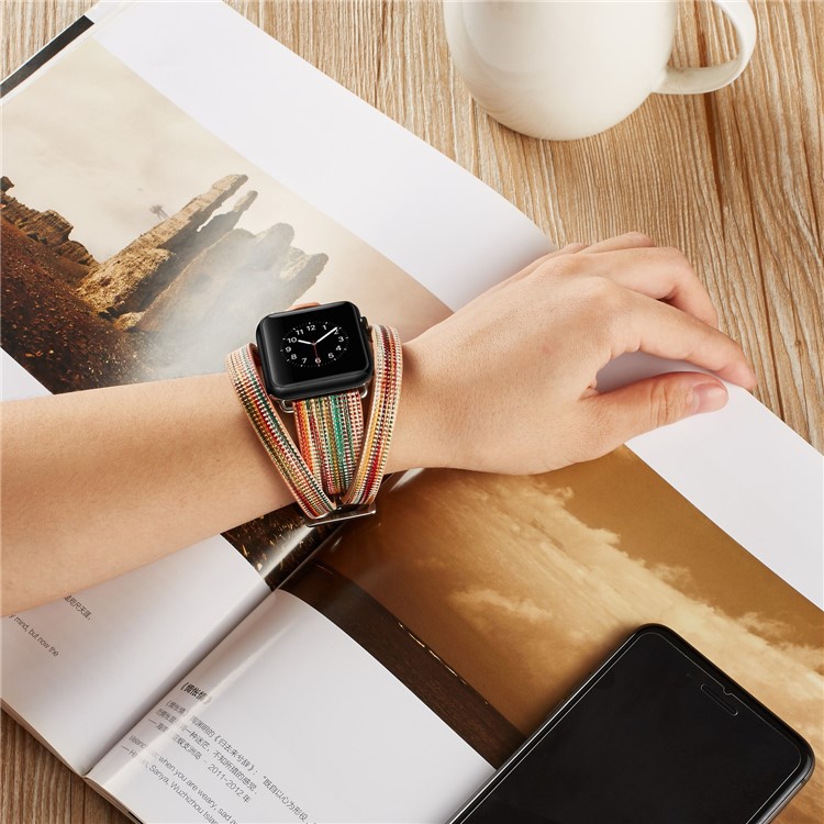 Double Tour Leather Watch Strap with Pin Buckle for Apple Watch Series 4 40mm / Series 3 / 2 / 1 38mm - Green + Yellow-4