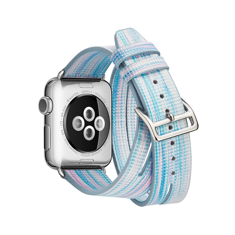 For Apple Watch Series 4 40mm / Series 3 / 2 / 1 38mm Double Tour Leather Watch Band with Classic Pin Buckle - Blue-2