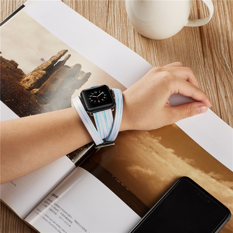 For Apple Watch Series 4 40mm / Series 3 / 2 / 1 38mm Double Tour Leather Watch Band with Classic Pin Buckle - Blue-4