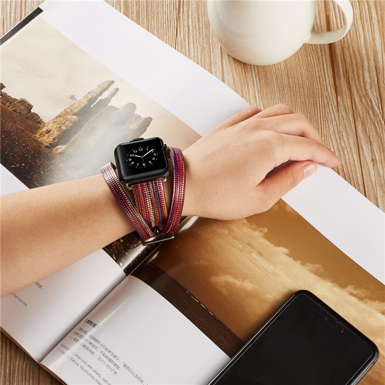 Double Tour Leather Watch Band Replacement for Apple Watch Series 4 44mm, Series 3 / 2 / 1 42mm - Red-4