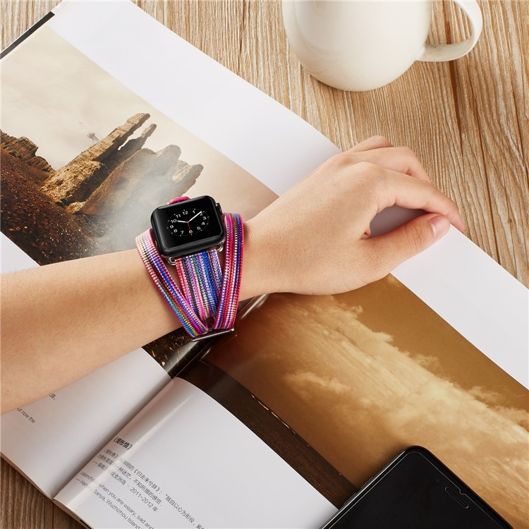 Double Tour Long Leather Watch Strap with Classic Buckle for Apple Watch Series 4 44mm, Series 3 / 2 / 1 42mm - Rose + Blue-4