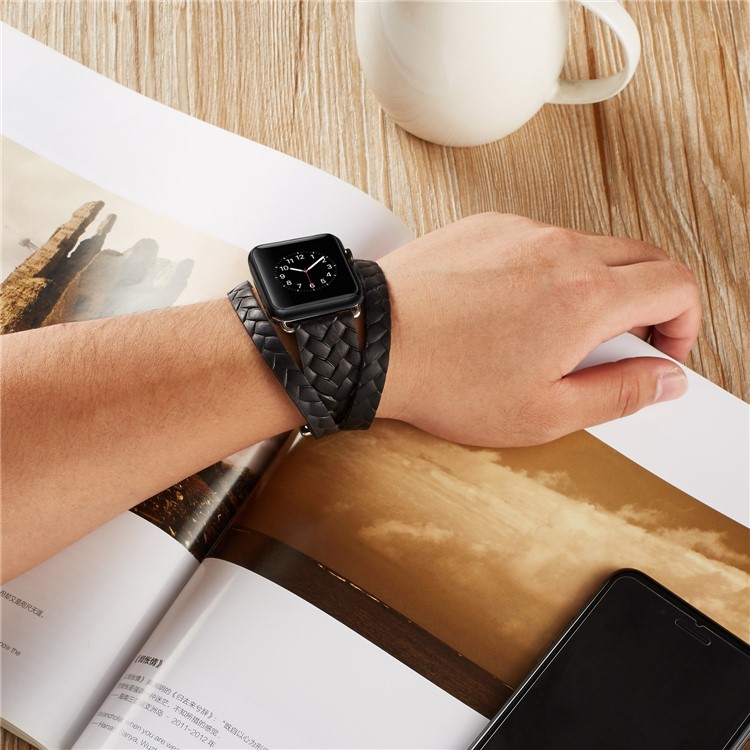 Woven Texture Double Tour Leather Watch Band with Classic Buckle for Apple Watch Series 4 40mm, Series 3 / 2 / 1 38mm - Black-4