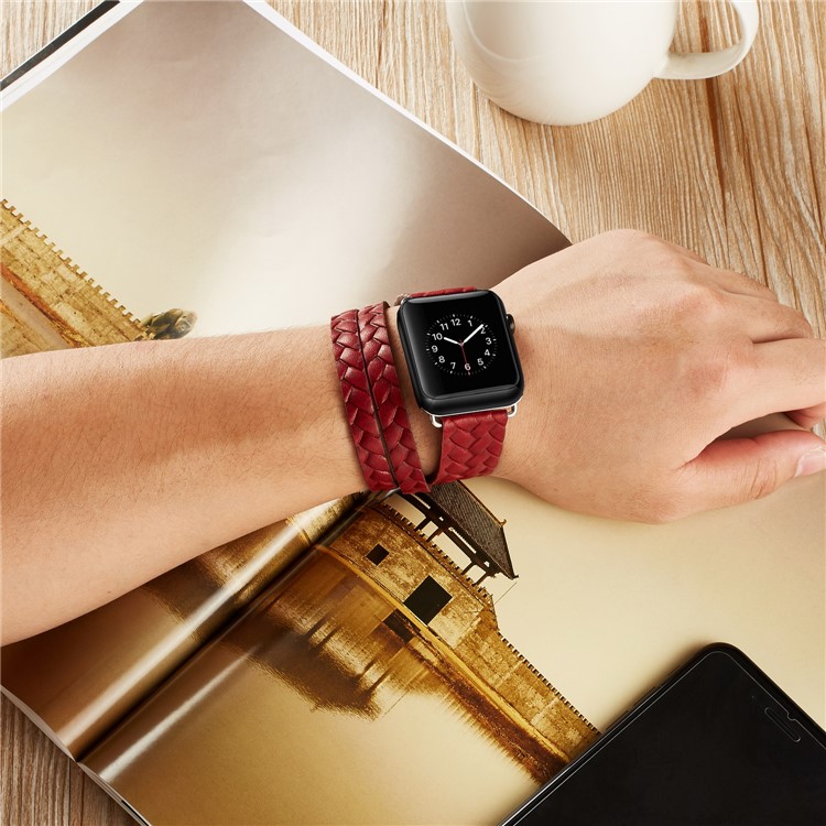 Woven Texture Double Tour Leather Watch Strap with Classic Buckle for Apple Watch Series 4 40mm, Series 3 / 2 / 1 38mm - Red-5