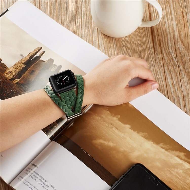 Woven Texture Double Tour Leather Watch Band Replacement for Apple Watch Series 4 40mm, Series 3 / 2 / 1 38mm - Green-4