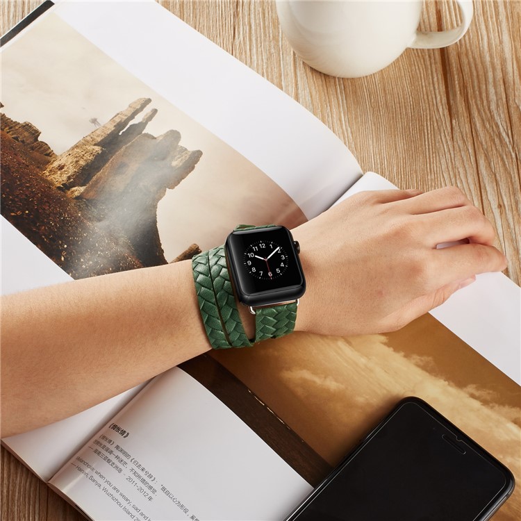Woven Texture Double Tour Leather Watch Band Replacement for Apple Watch Series 4 40mm, Series 3 / 2 / 1 38mm - Green-5