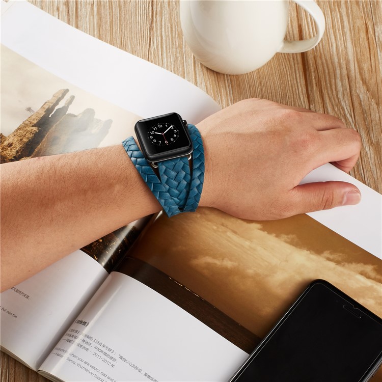 Woven Texture Double Tour Leather Watch Strap Replacement for Apple Watch Series 4 40mm, Series 3 / 2 / 1 38mm - Blue-4