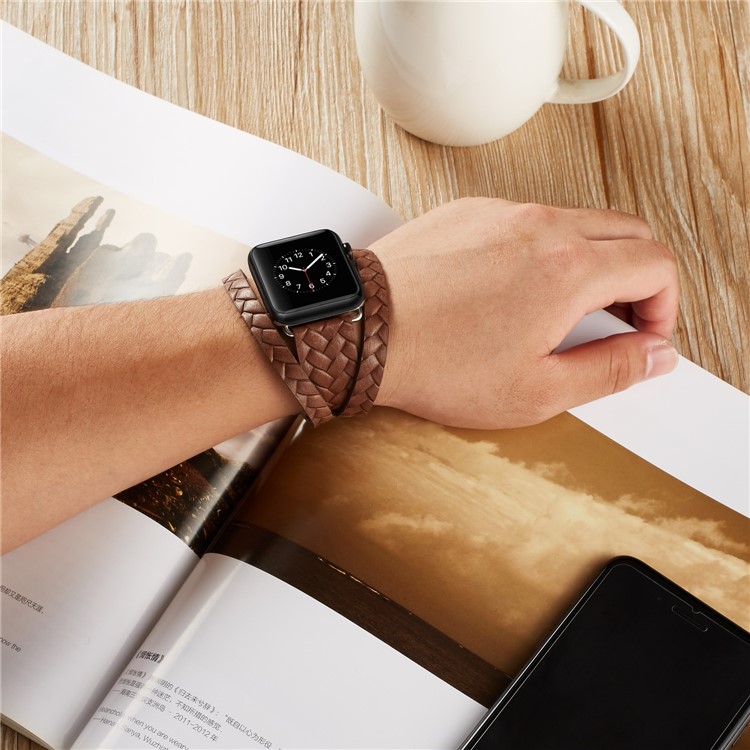 Woven Texture Long Leather Watch Band with Classic Buckle for Apple Watch Series 4 40mm, Series 3 / 2 / 1 38mm - Dark Brown-4
