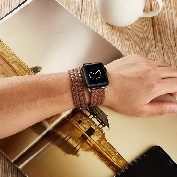 Woven Texture Long Leather Watch Band with Classic Buckle for Apple Watch Series 4 40mm, Series 3 / 2 / 1 38mm - Dark Brown-5
