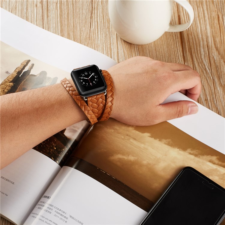 Woven Texture Long Leather Watch Strap with Classic Buckle for Apple Watch Series 5 4 40mm, Series 3 / 2 / 1 38mm - Light Brown-4