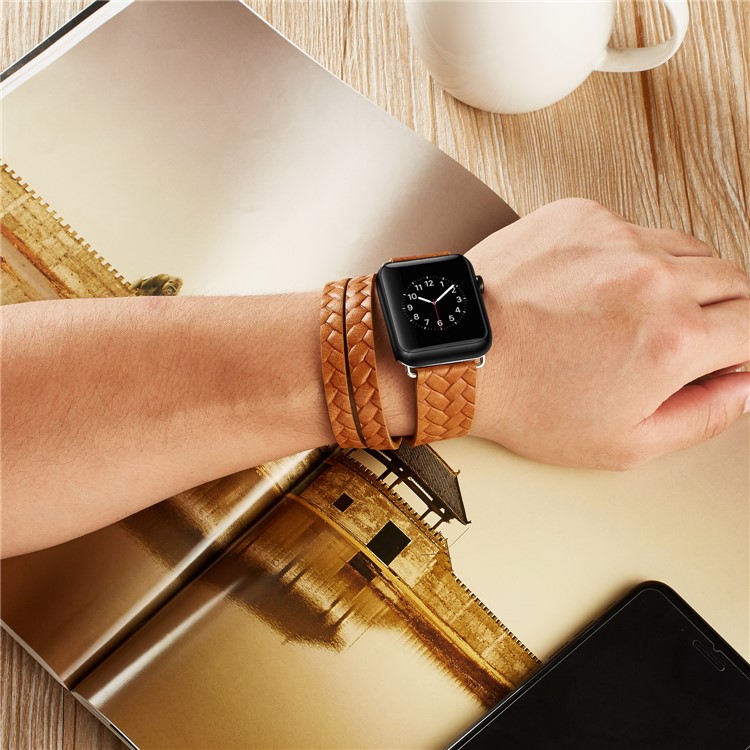 Woven Texture Long Leather Watch Strap with Classic Buckle for Apple Watch Series 5 4 40mm, Series 3 / 2 / 1 38mm - Light Brown-5