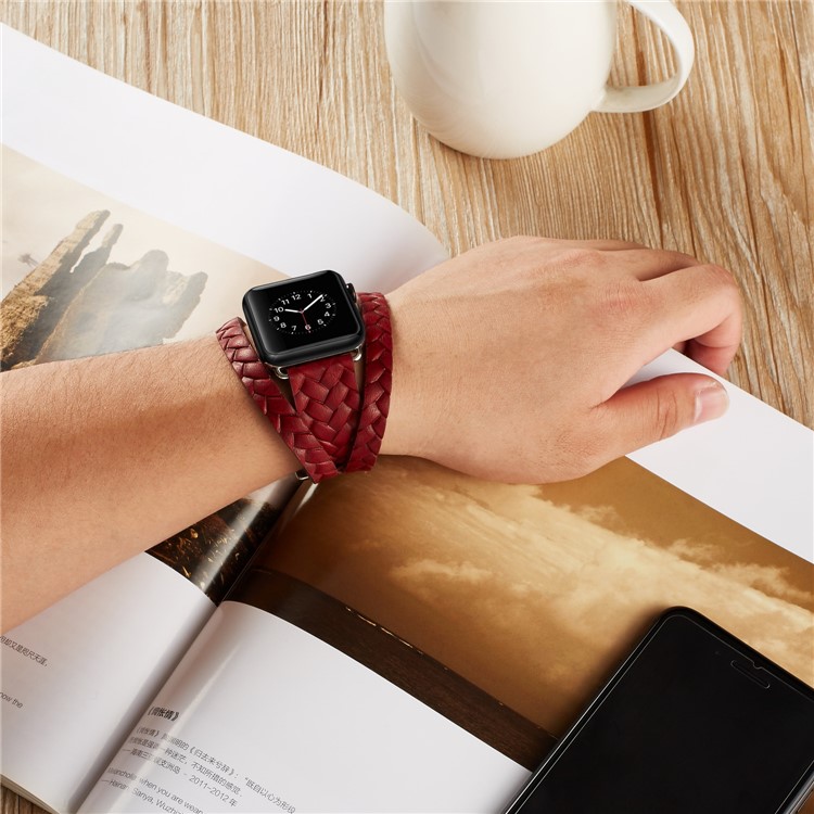 Woven Texture Double Tour Leather Watch Strap with Classic Buckle for Apple Watch Series 3/2/1 42mm - Red-4