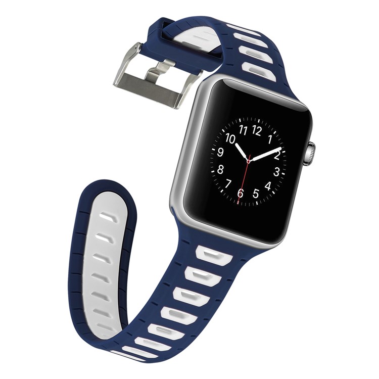 Dual Color Silicone Watch Band Replacement Part with Metal Buckle for Apple Watch Series 4 40mm, Series 3 / 2 / 1 38mm - Dark Blue + White-3