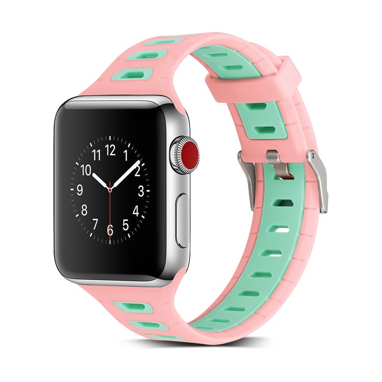 Two-tone Color Silicone Watch Replacement Wrist Strap for Apple Watch Series 4 44mm/3/2/1 42mm - Pink / Green-2