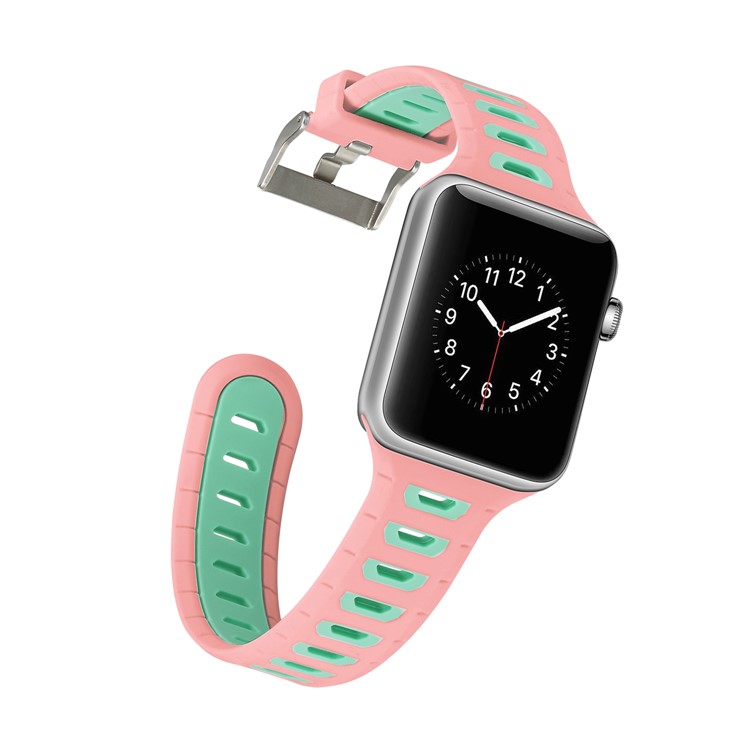 Two-tone Color Silicone Watch Replacement Wrist Strap for Apple Watch Series 4 44mm/3/2/1 42mm - Pink / Green-4