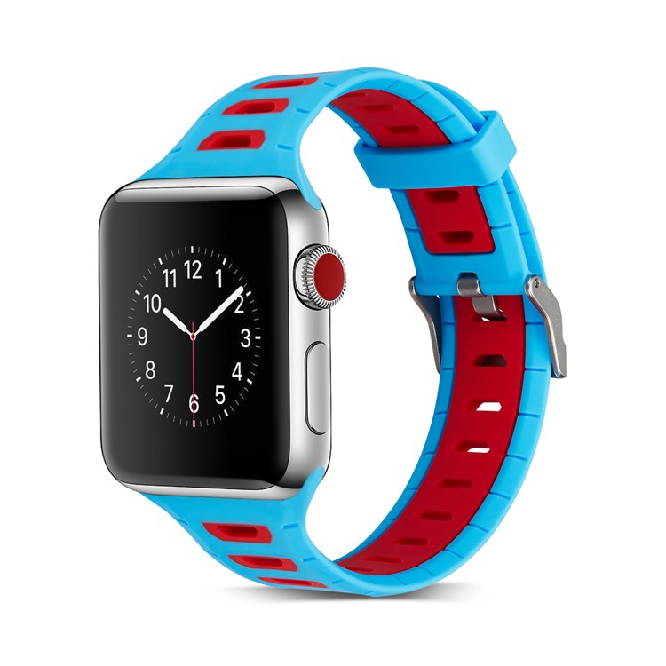 Two-tone Color Silicone Watch Replacement Wrist Band for Apple Watch Series 4 44mm/3/2/1 42mm - Baby Blue / Red-2
