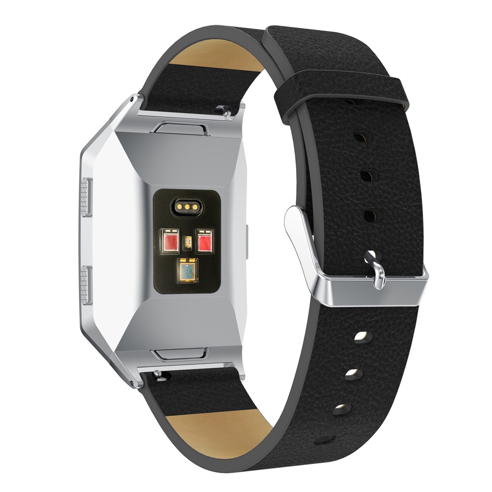 Litchi Texture Genuine Leather Watch Band with Connector for Fitbit Ionic - Black-3