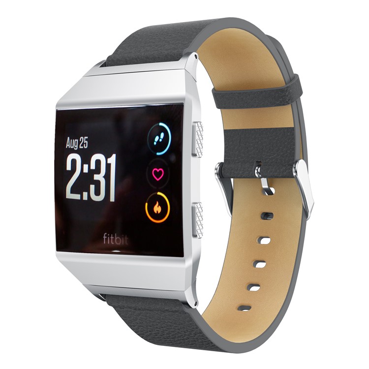 Litchi Texture Genuine Leather Watch Strap with Connector for Fitbit Ionic - Grey-2