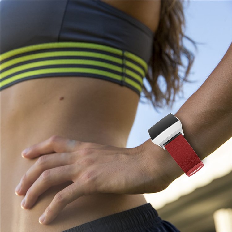 Litchi Texture Genuine Leather Wrist Strap Replacement for Fitbit Ionic - Red-5