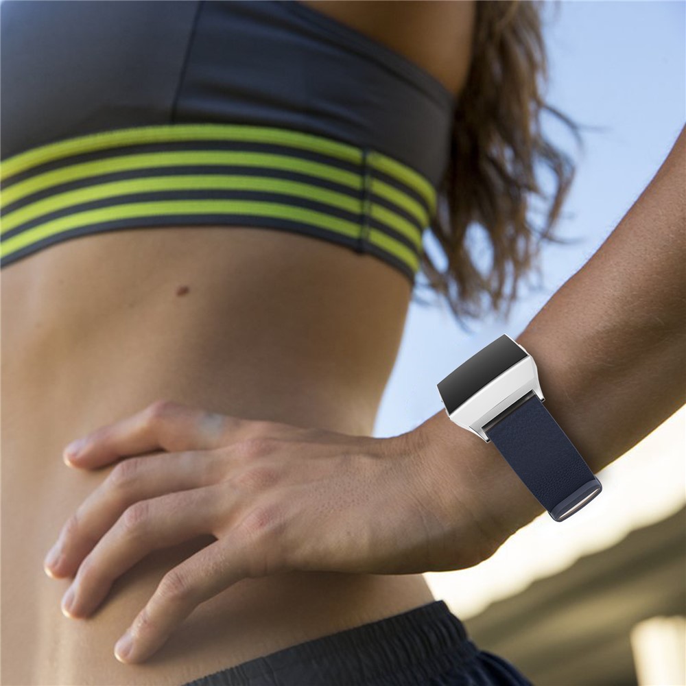 Litchi Texture Genuine Leather Wrist Strap Band with Connector for Fitbit Ionic - Dark Blue-5