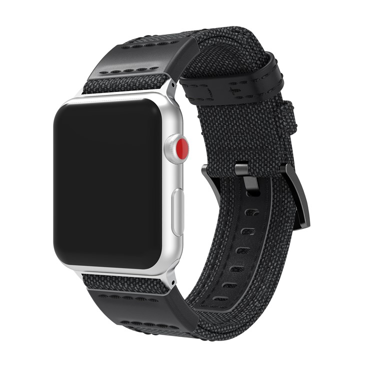 22mm Toile + Bracelet En Cuir + Connecteur Pour Apple Watch Série 3/2/1 38mm - Noir-2
