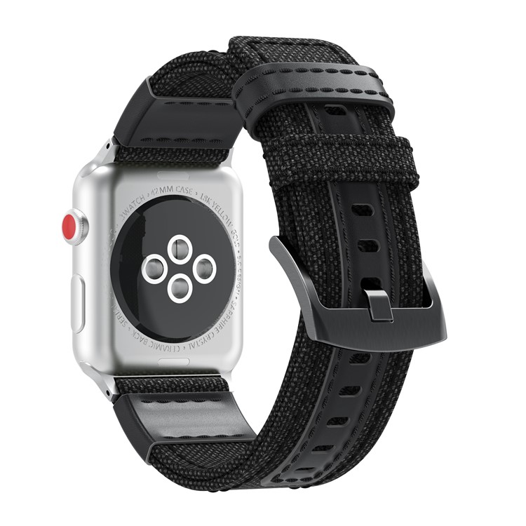 22mm Toile + Bracelet En Cuir + Connecteur Pour Apple Watch Série 3/2/1 38mm - Noir-3