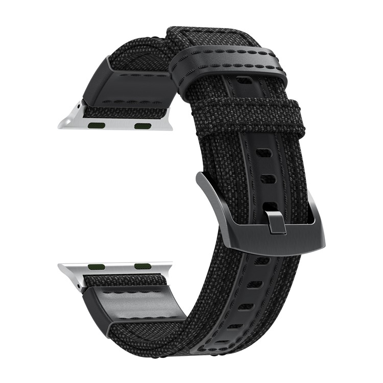 22mm Toile + Bracelet En Cuir + Connecteur Pour Apple Watch Série 3/2/1 38mm - Noir-4
