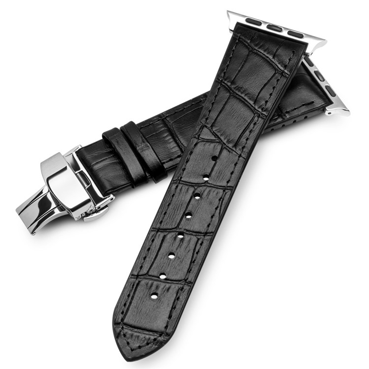 Top-layer Cowhide Leather Butterfly Clasp Watch Band Replacement for Apple Watch Series 3/2/1 38mm - Black-1
