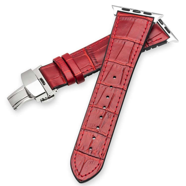 

Top-layer Cowhide Leather Butterfly Clasp Replacement Watch Band for Apple Watch Series 4 44mm, Series 3 / 2 / 1 42mm - Red