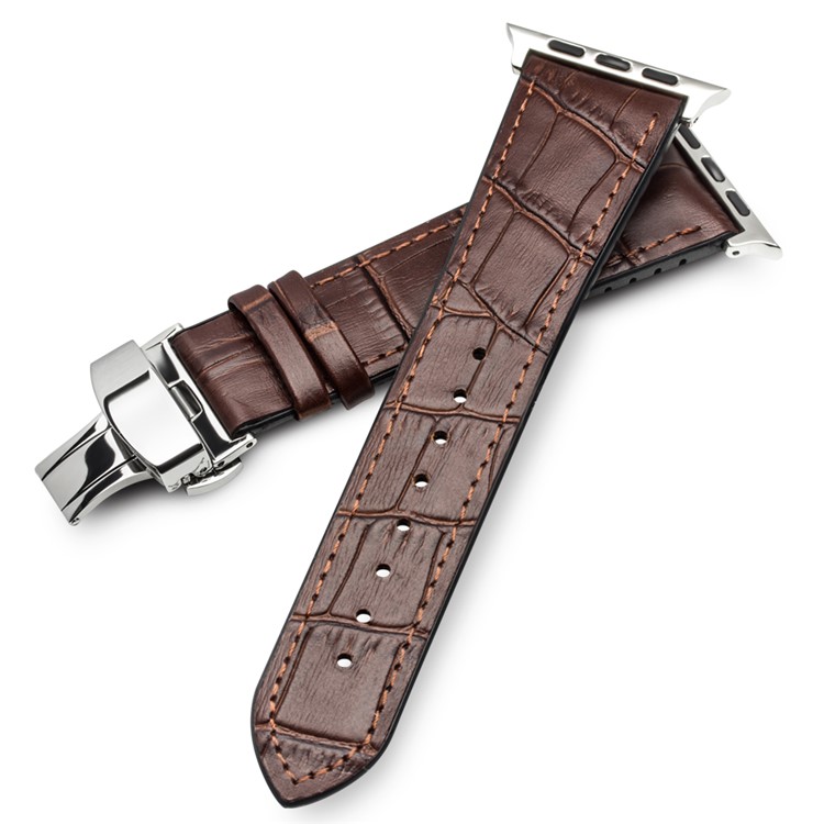 

Top-layer Cowhide Leather Butterfly Clasp Wristwatch Strap Replacement for Apple Watch Series 4 44mm, Series 3 / 2 / 1 42mm - Brown